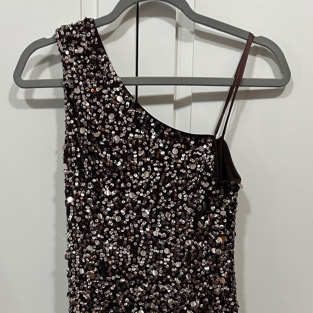 Adrianna Papell Brown Gold Silk Beaded Sequin One Shoulder Cocktail Dress